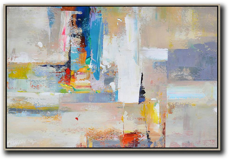 Horizontal Palette Knife Contemporary Art,Modern Art Abstract Painting,White,Grey,Yellow,Blue,Red